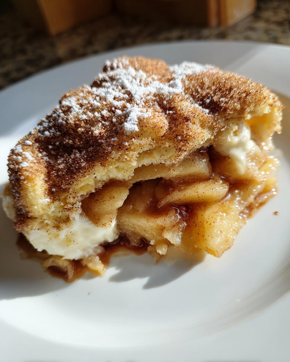 Close-up of a warm serving of crockpot snickerdoodle cobbler filled with cinnamon apples and topped with powdered sugar.