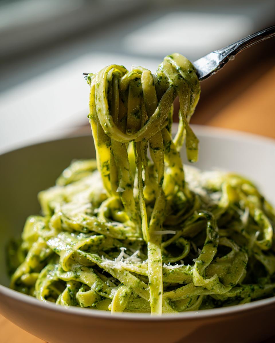 A fork lifts fettuccine noodles coated in vibrant green spinach pasta sauce, topped with grated cheese.