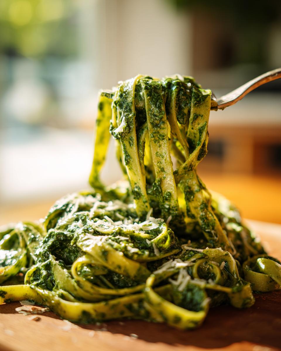 A fork lifts fettuccine coated in rich spinach pasta sauce, topped with grated Parmesan cheese.