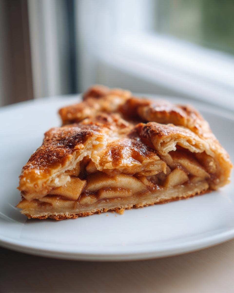 Close-up of a single slice of golden, flaky apple galette filled with spiced apples, served on a white plate.
