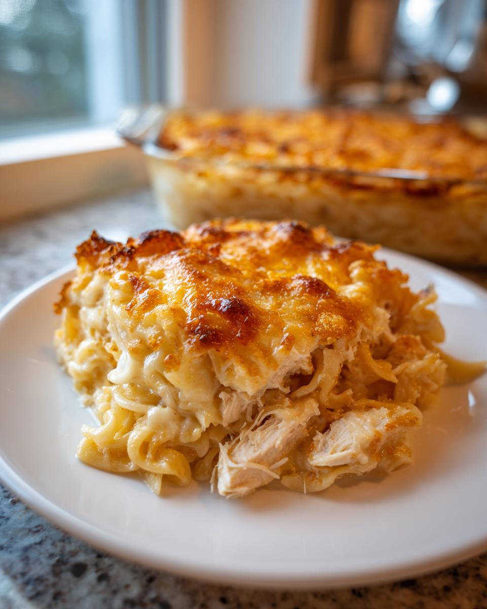 A close-up serving of french onion chicken noodle casserole with a golden, bubbly cheese topping on a white plate.