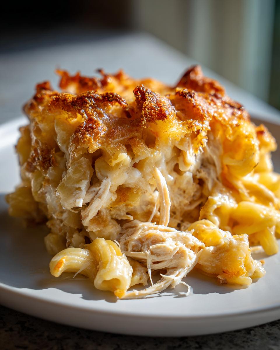 A close-up serving of creamy french onion chicken noodle casserole with a golden brown, crispy top.