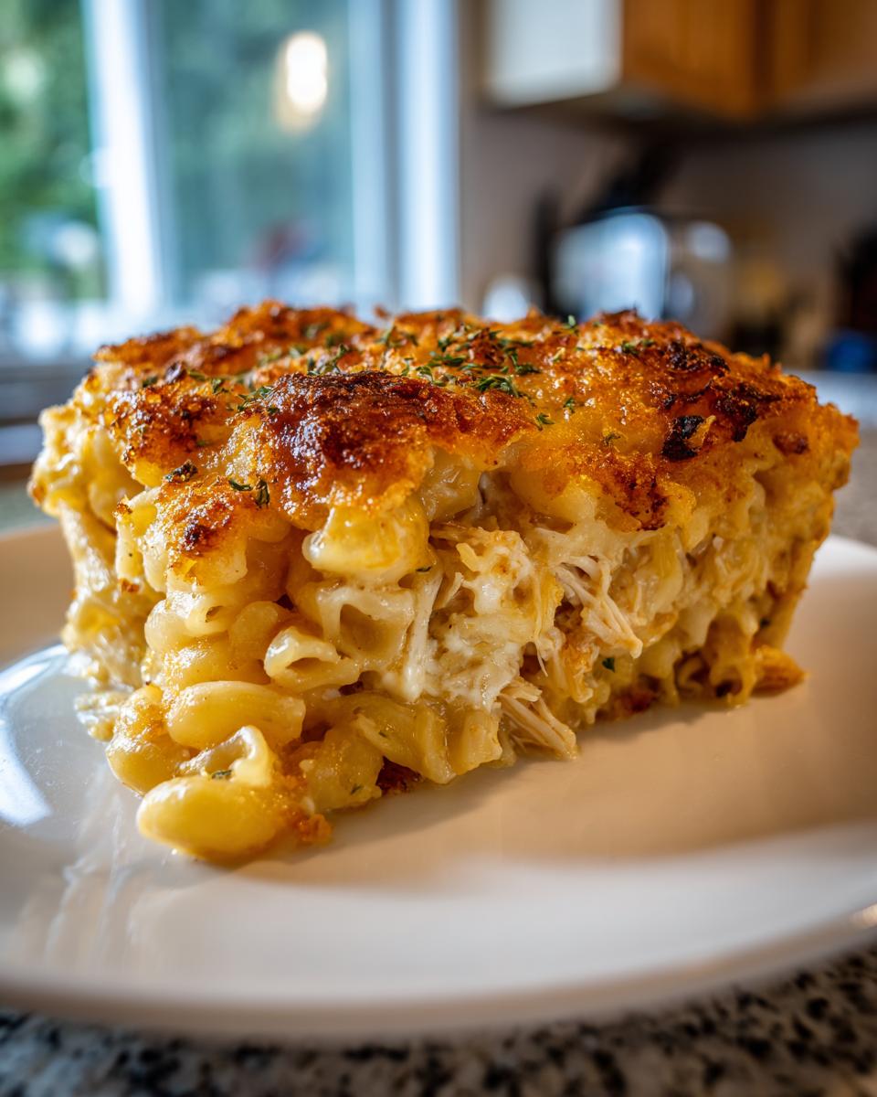 A close-up of a thick slice of french onion chicken noodle casserole with a golden, cheesy, baked top.