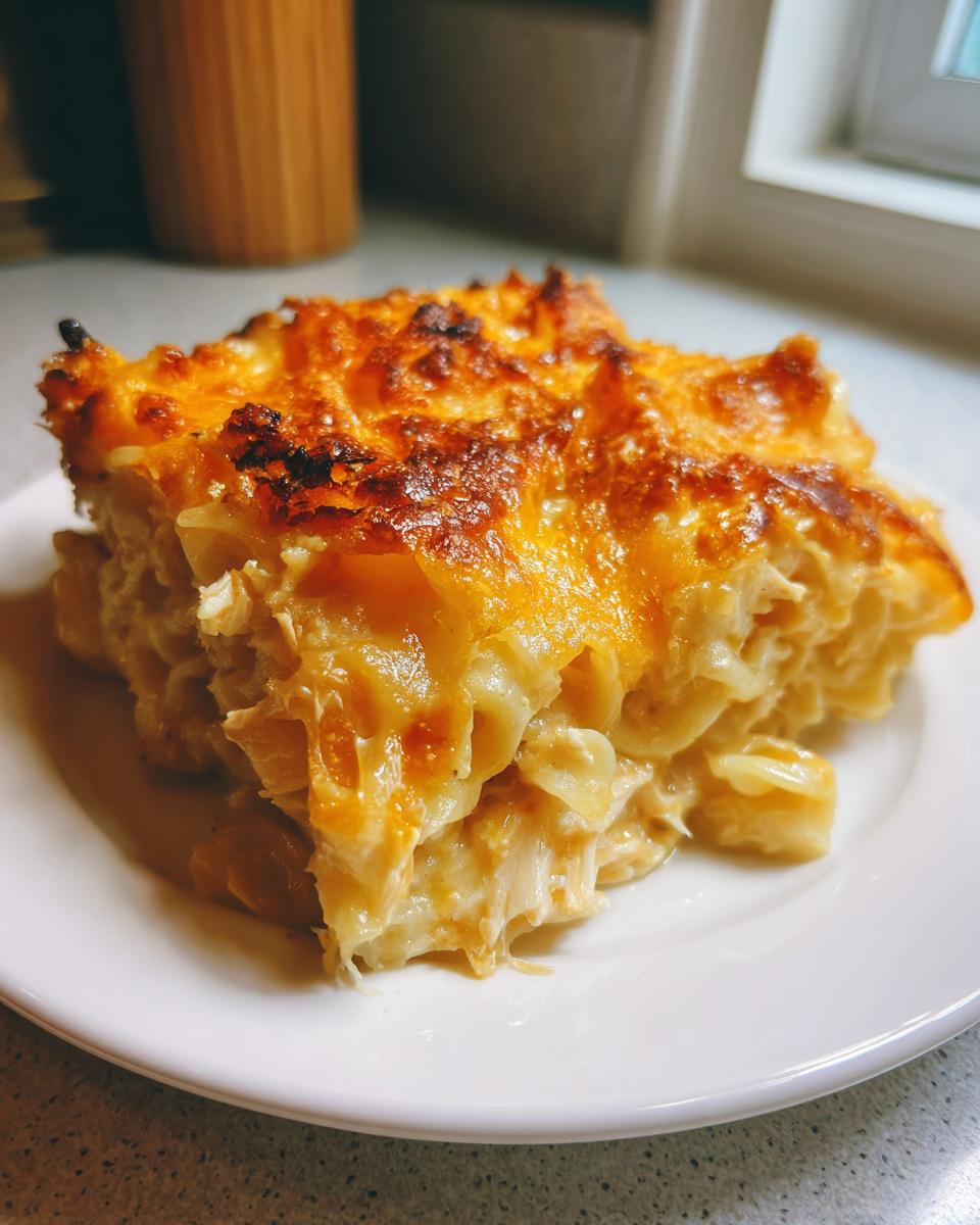 A generous slice of baked french onion chicken noodle casserole with a golden-brown, bubbly cheese topping.
