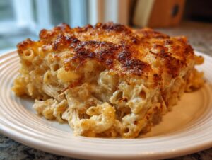 A close-up of a hearty slice of french onion chicken noodle casserole with a golden, bubbly cheese crust.
