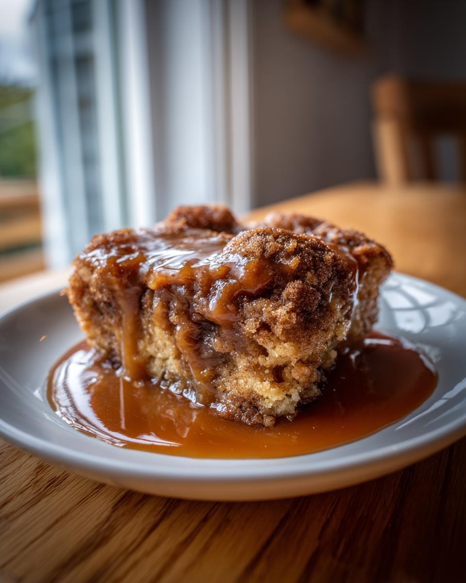 A close-up of a warm slice of snickerdoodle cobbler topped with a rich caramel sauce.