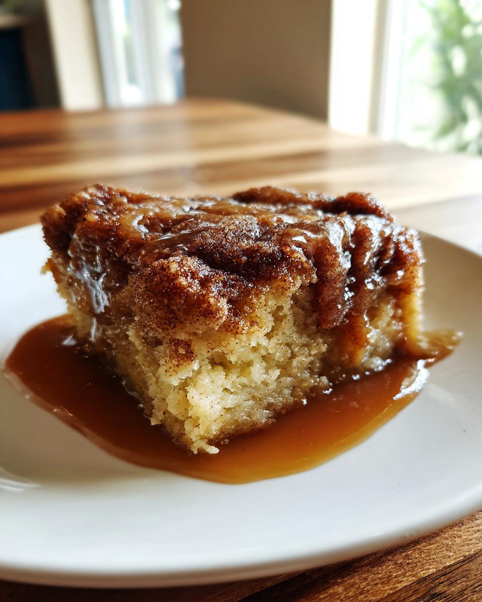A close-up of a square slice of moist snickerdoodle cobbler topped with cinnamon sugar and drizzled with caramel sauce.