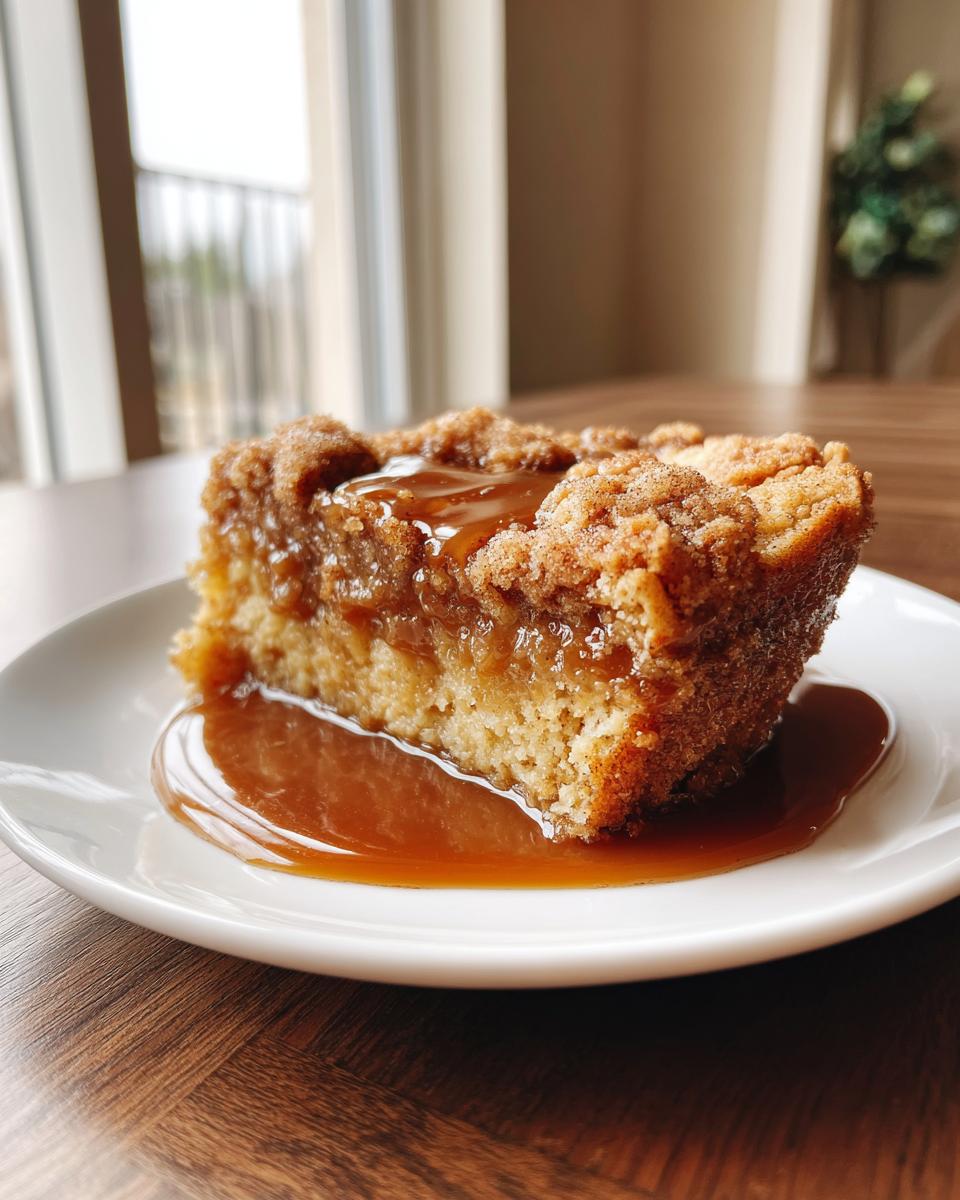 A square slice of warm snickerdoodle cobbler topped with cinnamon crumble and drizzled with rich caramel sauce.
