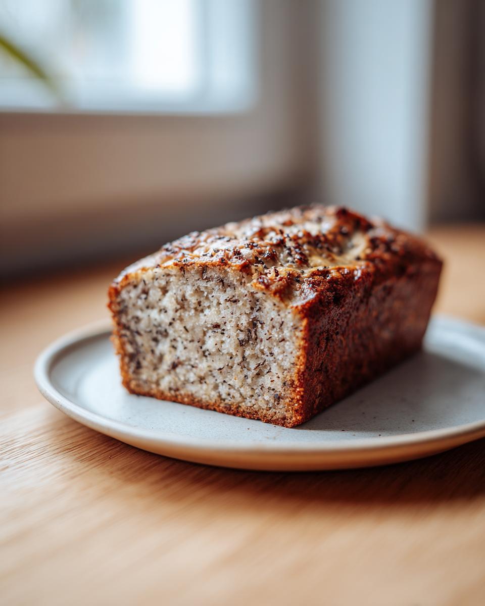 A freshly baked loaf of high protein cottage cheese banana bread with a dark, speckled crust, resting on a small plate.