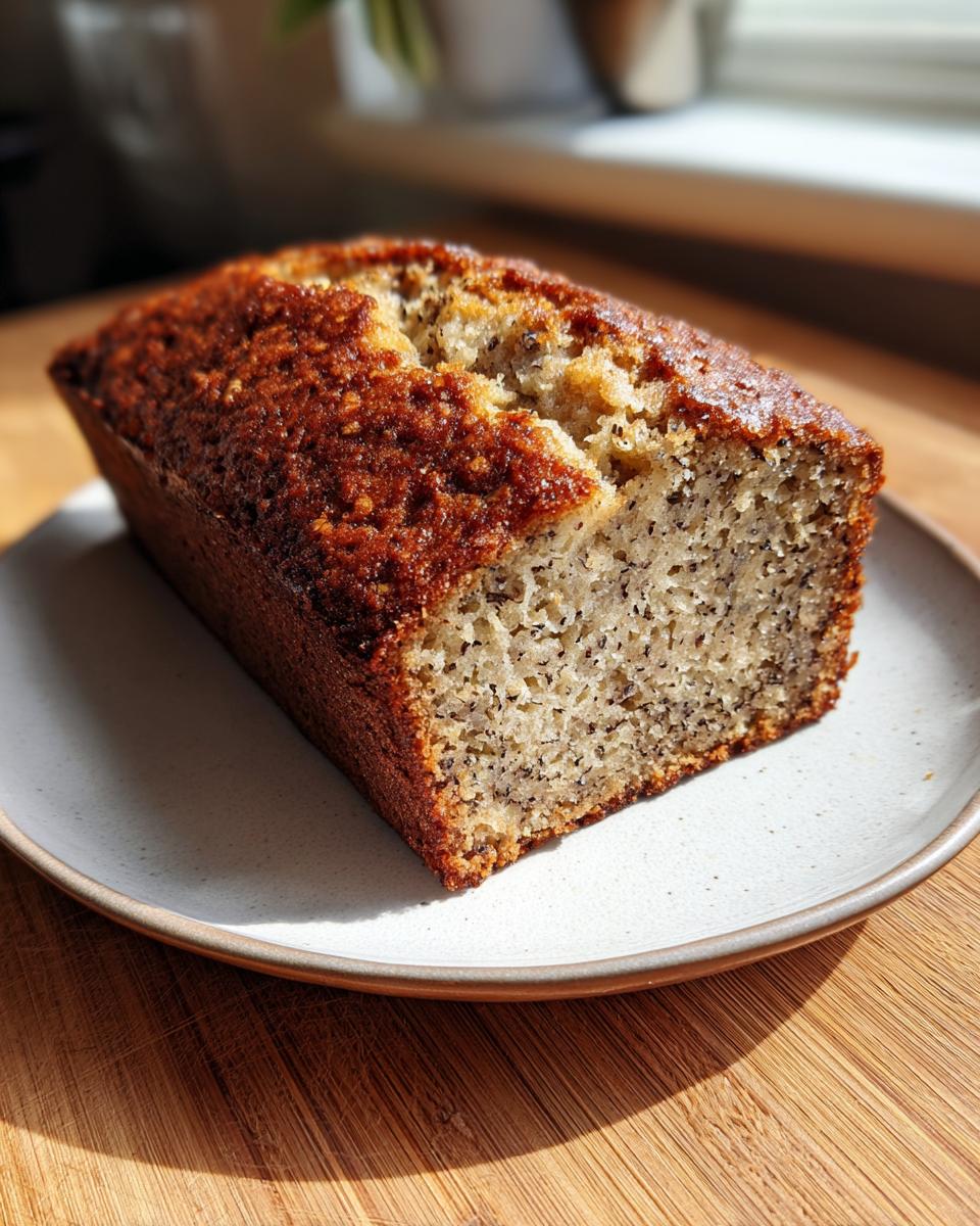 A golden-brown loaf of high protein cottage cheese banana bread resting on a light plate.