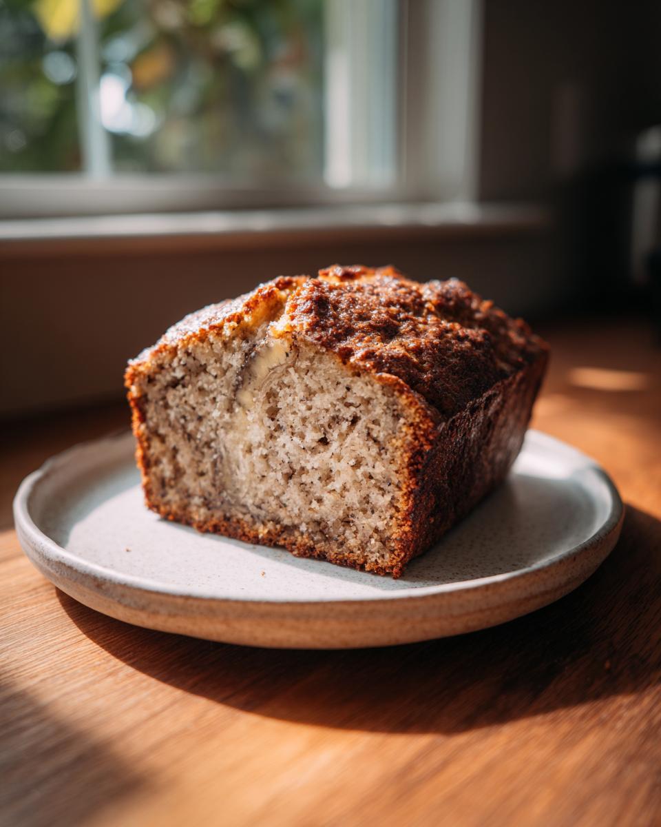 A thick slice of moist high protein cottage cheese banana bread with a caramelized top, resting on a speckled plate.