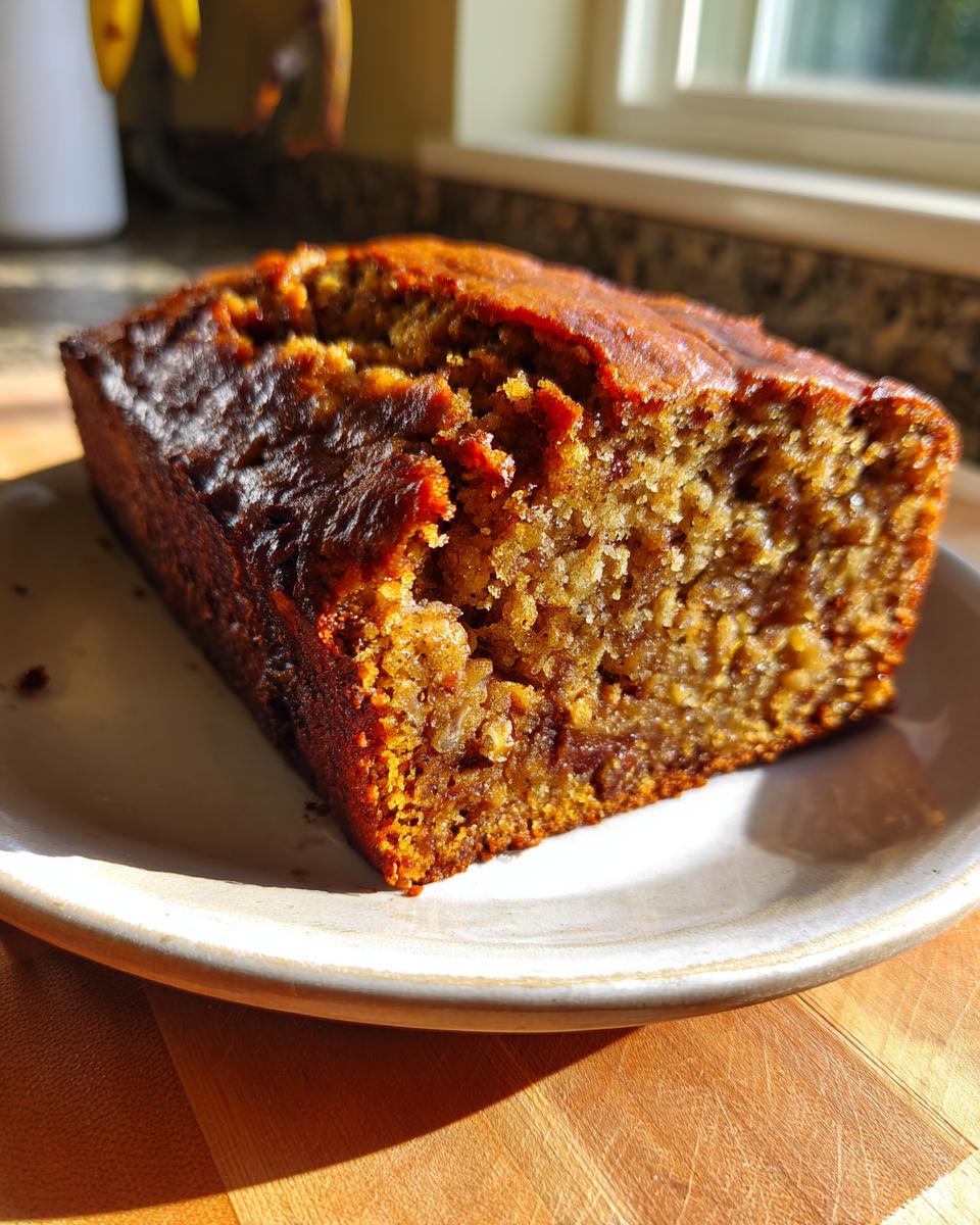 A moist slice of high protein cottage cheese banana bread with a dark, caramelized crust, resting on a light plate.