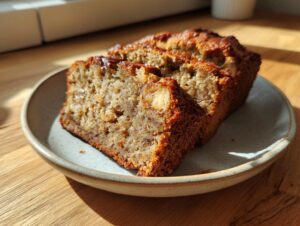 Two thick slices of moist high protein cottage cheese banana bread served on a light ceramic plate.