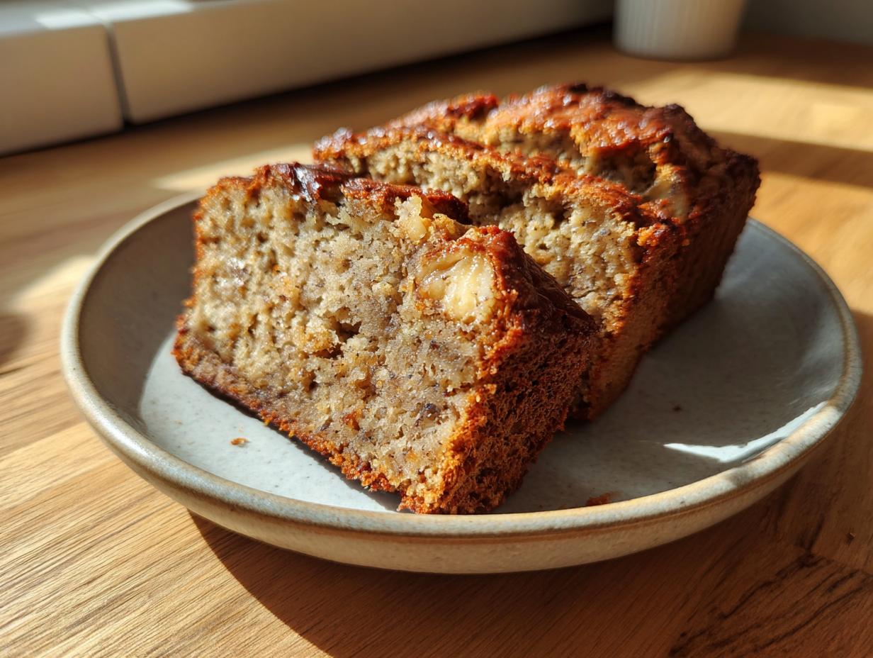 Two thick slices of moist high protein cottage cheese banana bread served on a light ceramic plate.