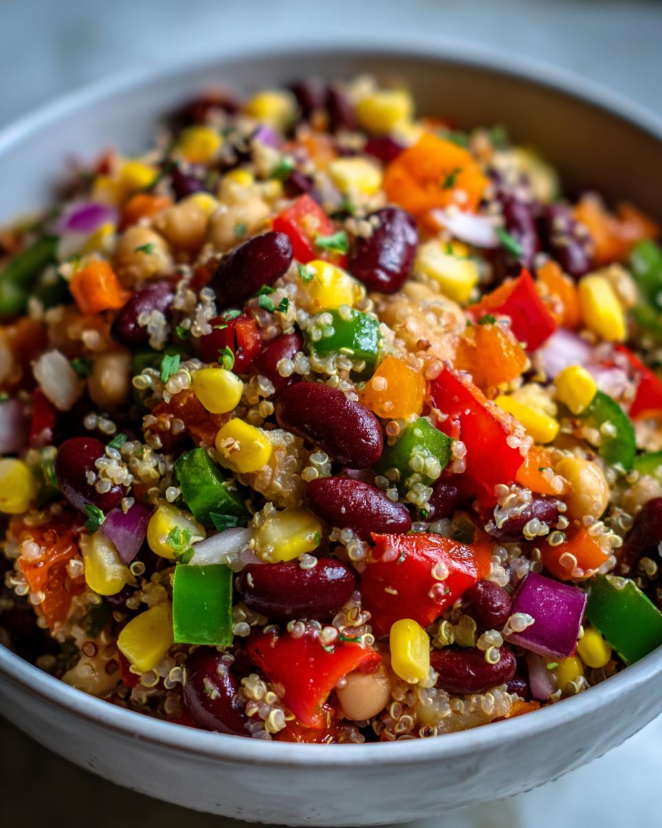 Vibrant close-up of a bowl filled with high protein cowboy caviar recipe featuring quinoa, kidney beans, corn, and colorful diced peppers.