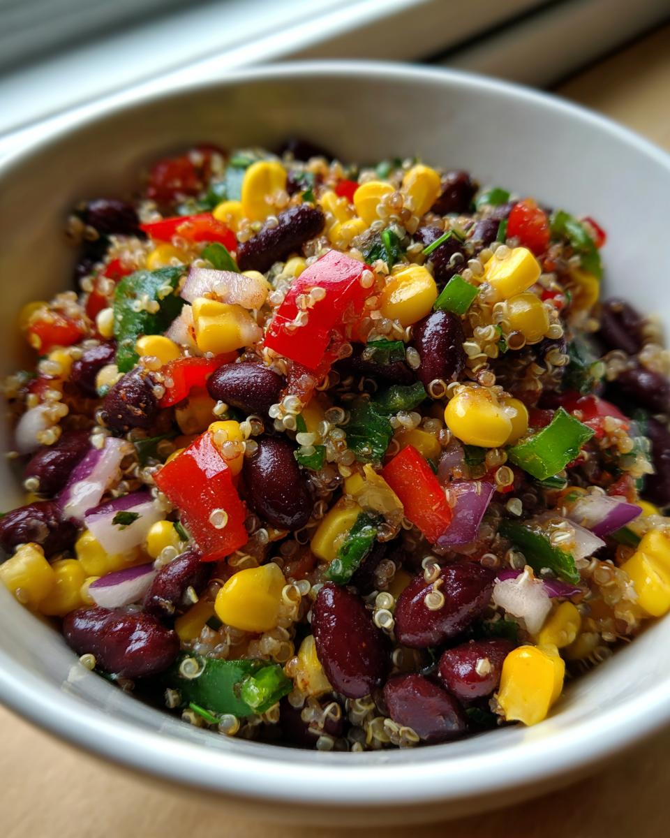 Close-up of a bowl of high protein cowboy caviar recipe featuring black beans, corn, red pepper, and quinoa.