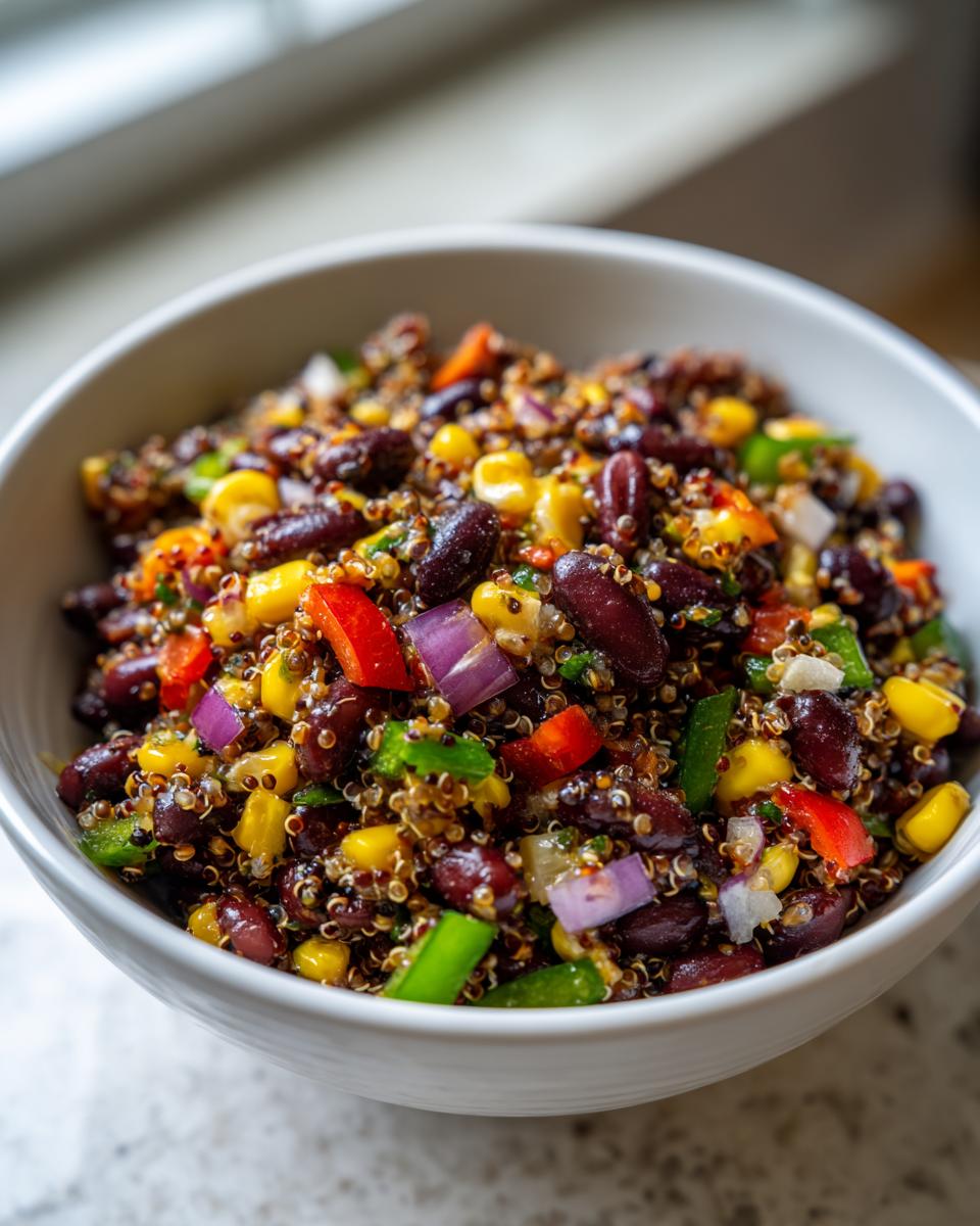 Close-up of a white bowl filled with colorful high protein cowboy caviar recipe featuring black beans, corn, peppers, and quinoa.