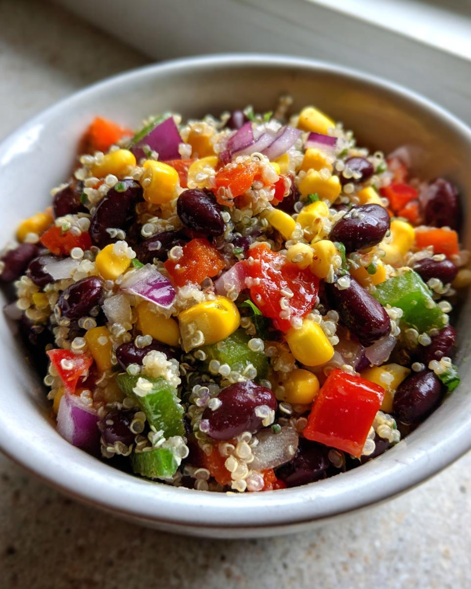 Close-up of a bowl filled with high protein cowboy caviar recipe featuring quinoa, black beans, corn, and diced peppers.