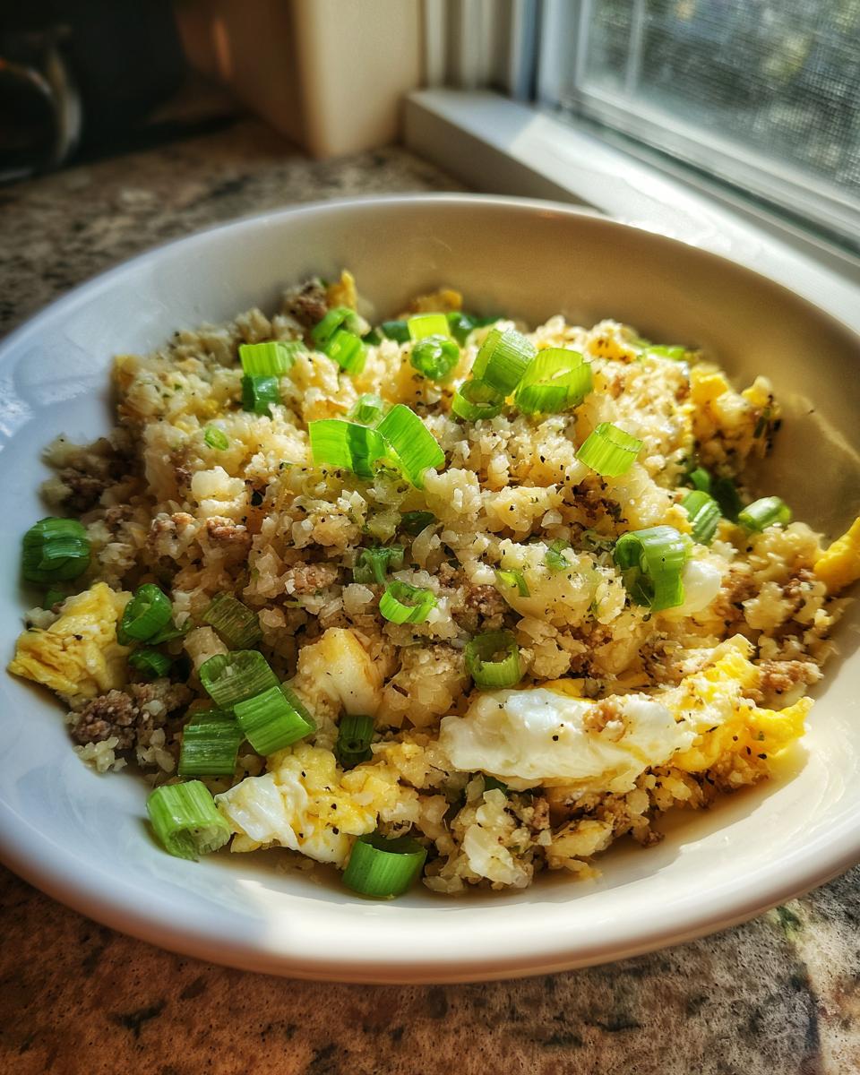 A close-up of a bowl of keto cauliflower fried rice mixed with scrambled egg and topped generously with fresh green onions.