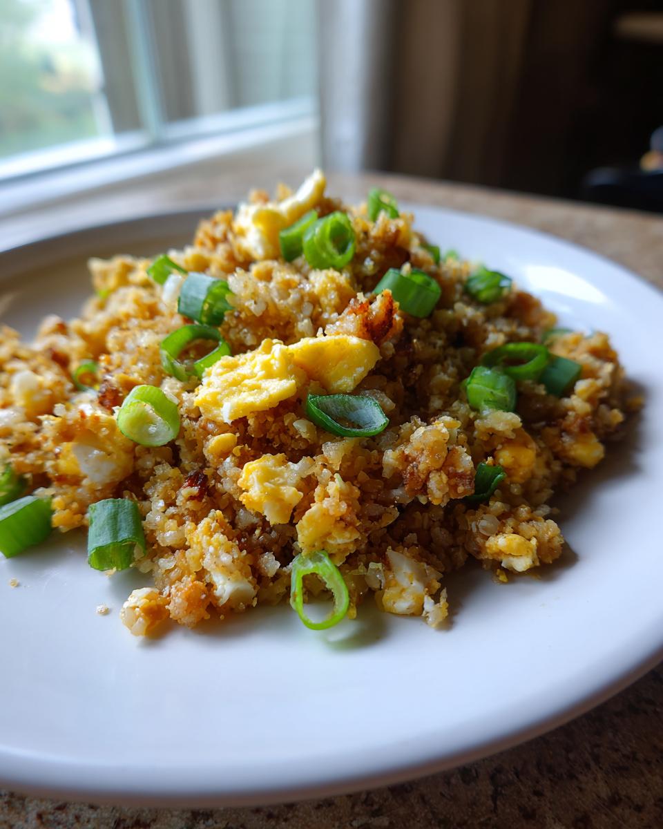A plate of delicious keto cauliflower fried rice mixed with scrambled egg and topped with fresh green onions.