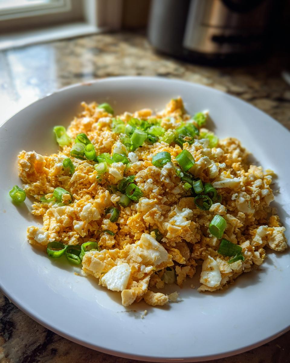A white plate filled with scrambled eggs topped generously with chopped green onions, likely part of a keto cauliflower fried rice recipe.