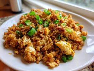 A close-up of a serving of golden brown keto cauliflower fried rice mixed with scrambled egg and topped with fresh green onions.
