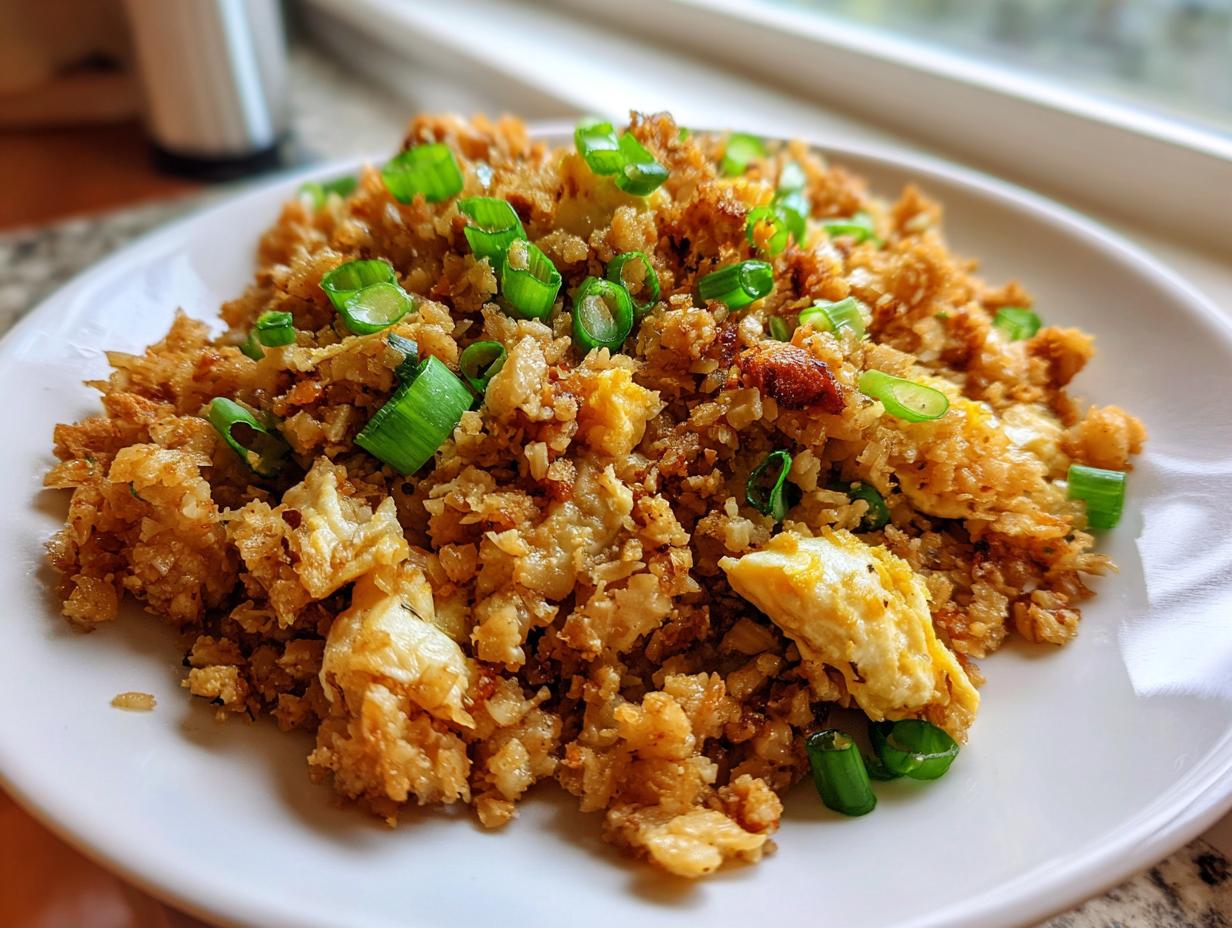 A close-up of a serving of golden brown keto cauliflower fried rice mixed with scrambled egg and topped with fresh green onions.