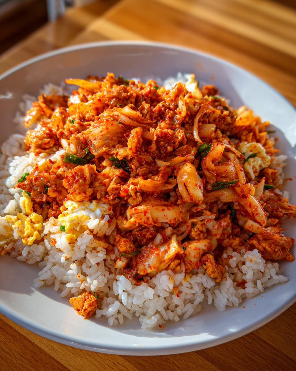 A close-up of a white bowl filled with white rice topped generously with vibrant red kimchi cauliflower fried rice and scrambled egg pieces.