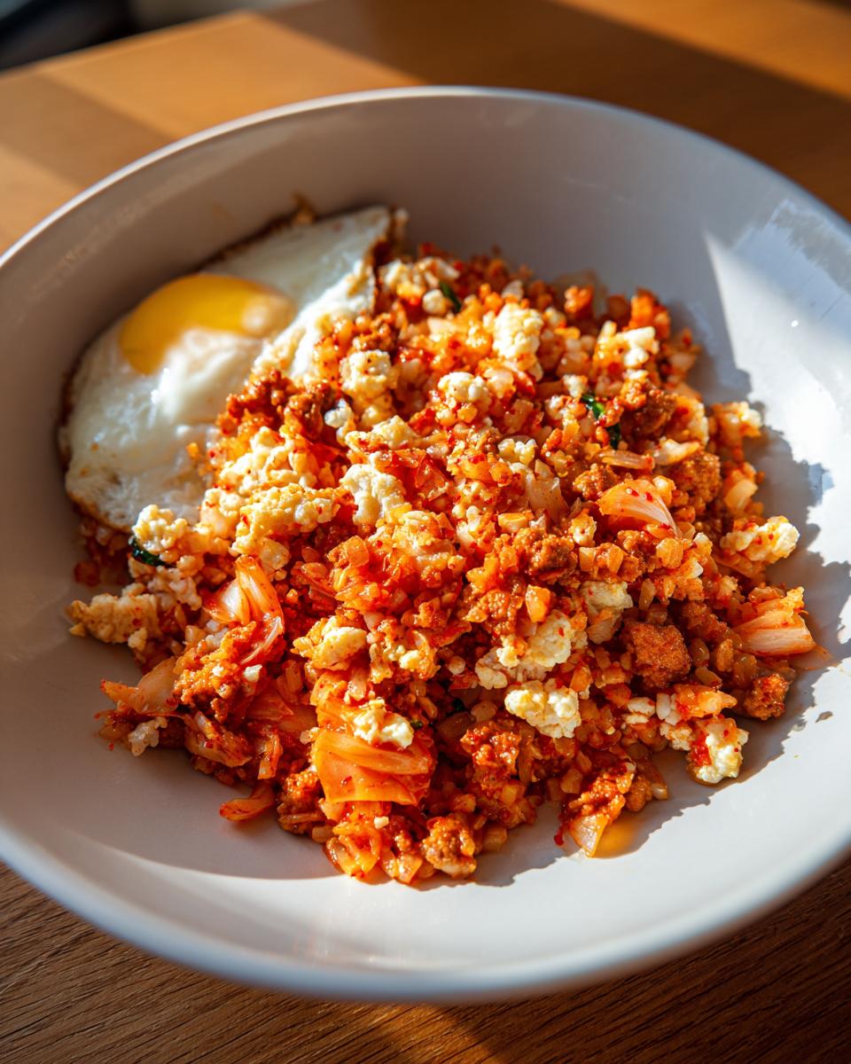A bowl of vibrant red kimchi cauliflower fried rice topped with scrambled egg pieces and a sunny-side-up egg on the side.