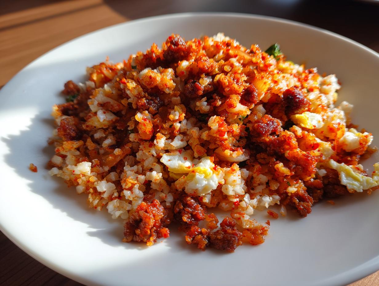 A close-up of vibrant kimchi cauliflower fried rice, featuring white cauliflower rice mixed with red kimchi paste and scrambled egg pieces.