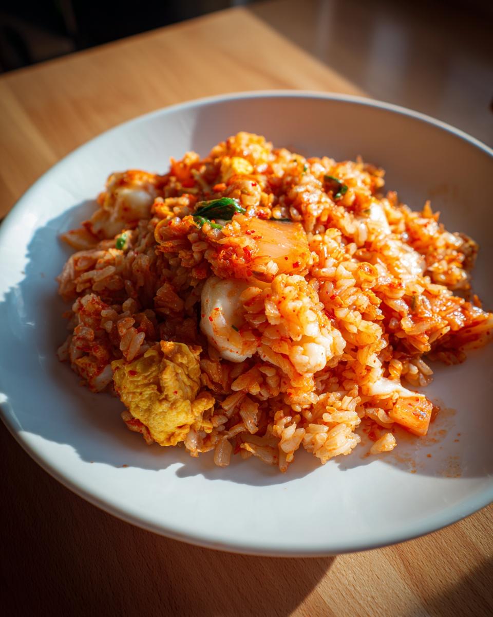 A close-up serving of vibrant, orange-red kimchi cauliflower fried rice mixed with pieces of egg and kimchi, presented in a white bowl.