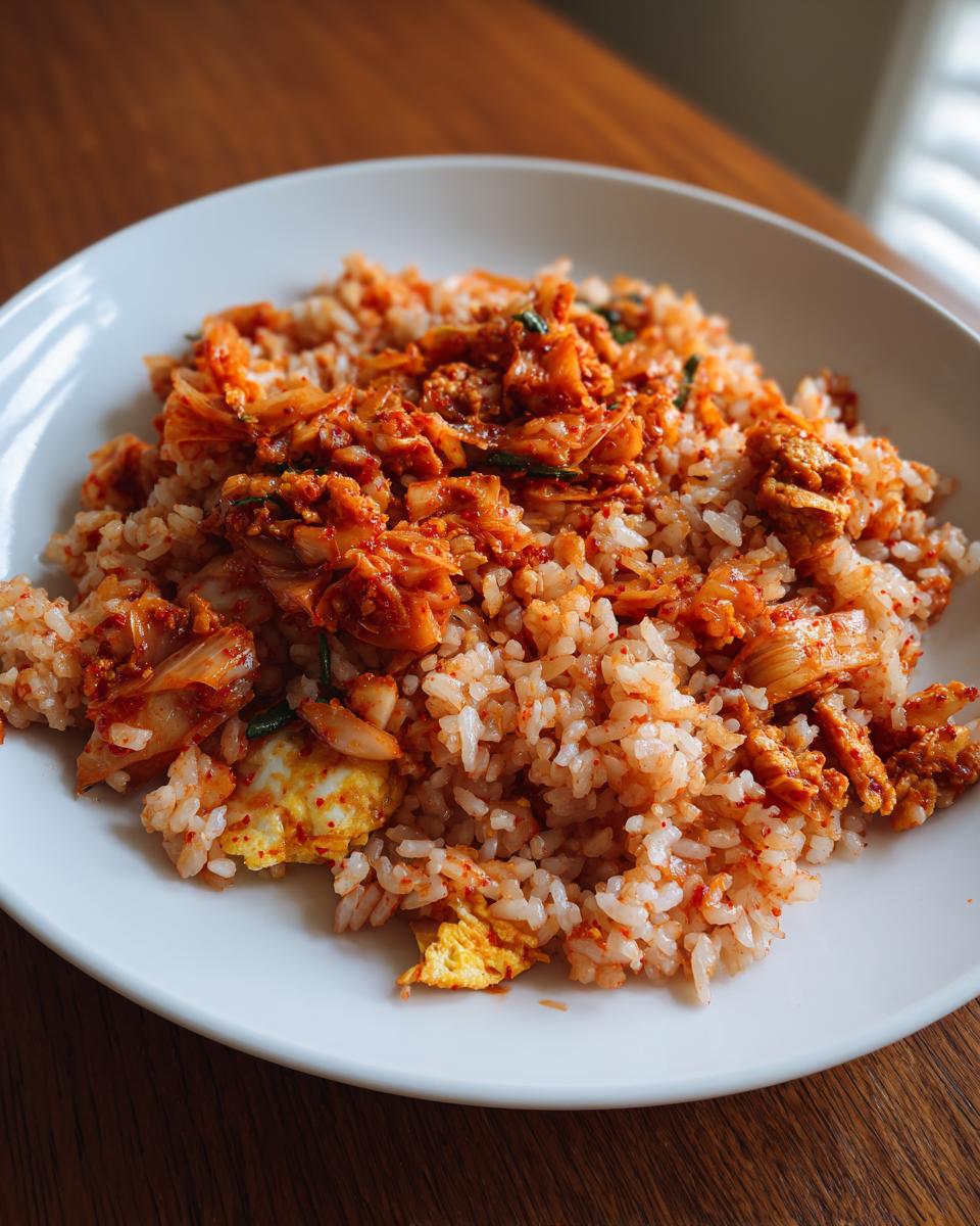 A close-up of a white plate filled with vibrant kimchi cauliflower fried rice mixed with scrambled egg pieces.