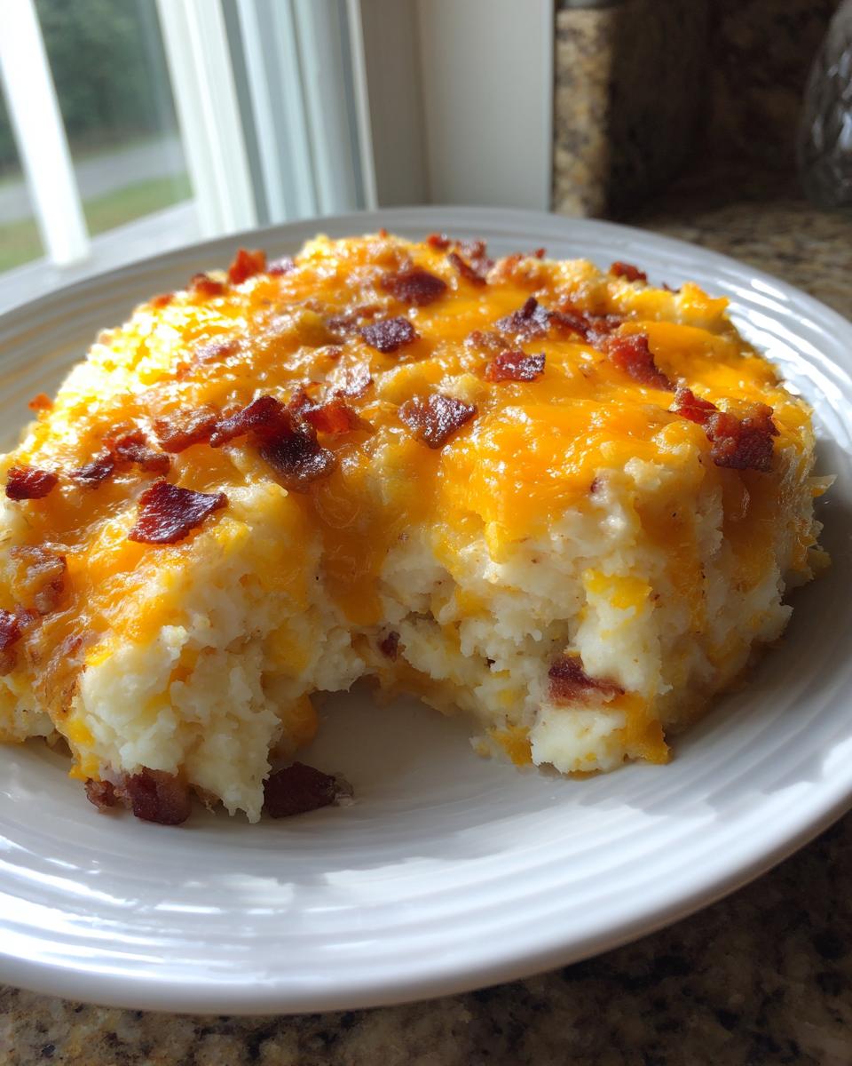 A scoop of creamy loaded mashed potato casserole topped with melted cheddar cheese and crispy bacon bits.