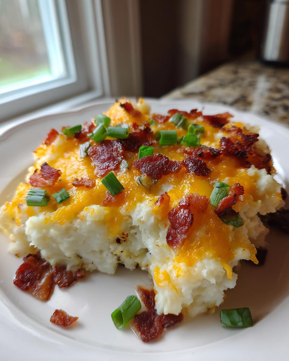 A scoop of creamy mashed potato casserole topped with melted cheddar cheese, crispy bacon bits, and chopped green onions.