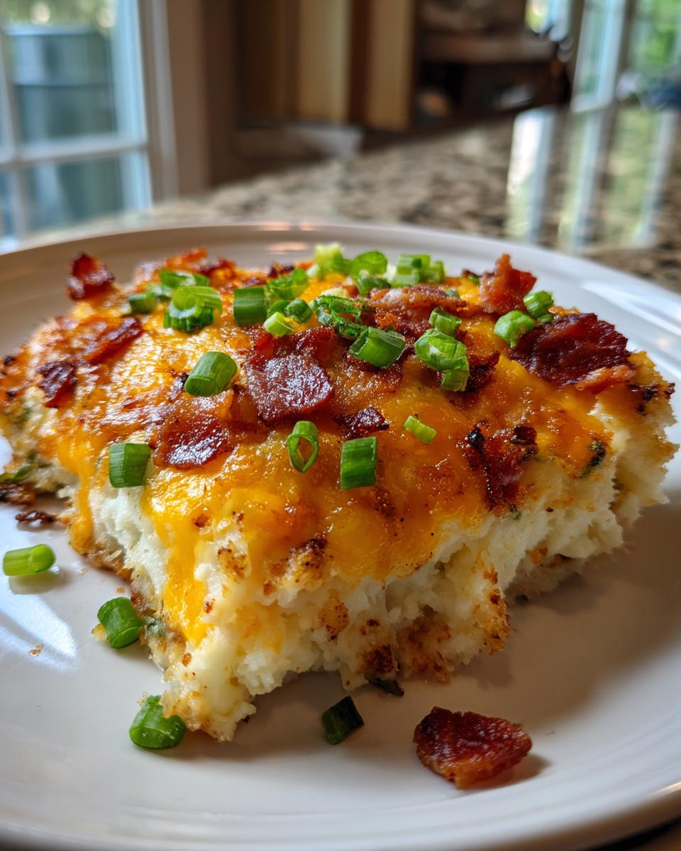 A close-up serving of baked mashed potato casserole topped with melted cheddar cheese, crispy bacon, and green onions.
