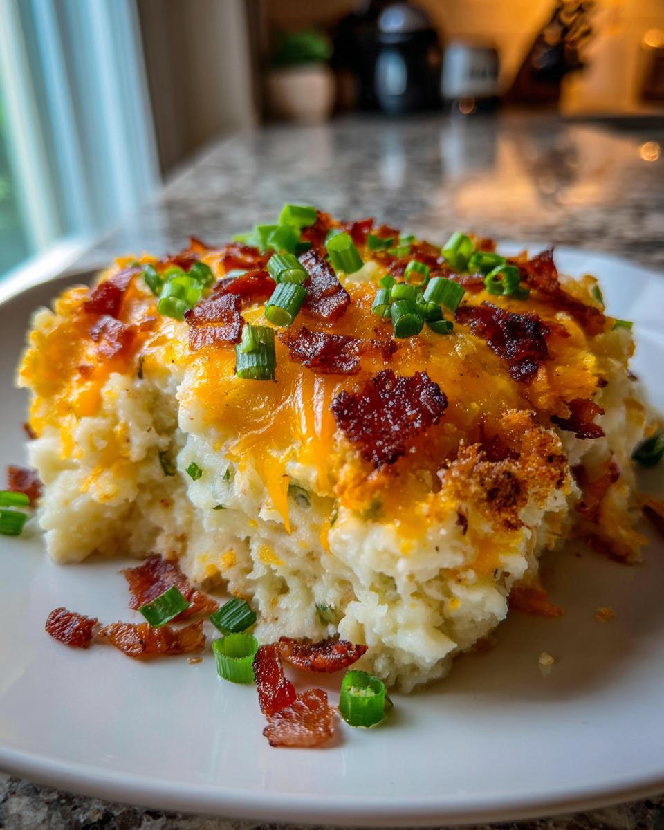 A generous serving of cheesy mashed potato casserole topped with melted cheddar, bacon bits, and fresh green onions.