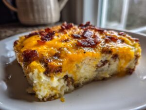 A close-up of a hearty slice of loaded mashed potato casserole topped with melted cheddar cheese and crispy bacon bits.