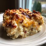 A generous serving of loaded mashed potato casserole topped with melted cheddar cheese and crispy bacon bits.
