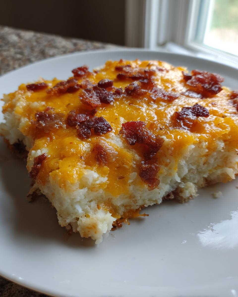A square serving of loaded mashed potato casserole topped with melted cheddar cheese and crispy bacon bits.
