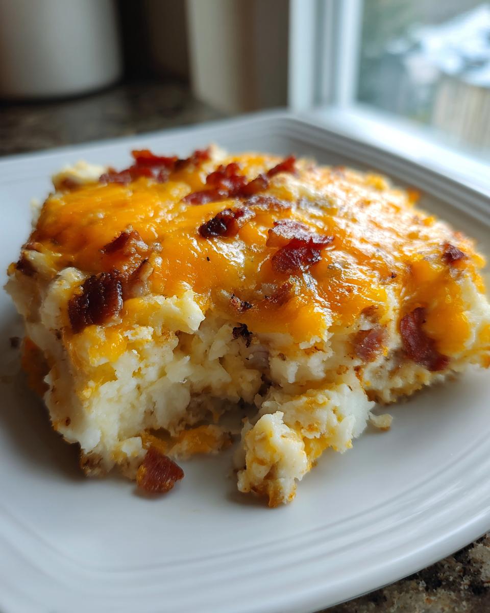 A close-up serving of loaded mashed potato casserole topped with melted cheddar cheese and crispy bacon bits.