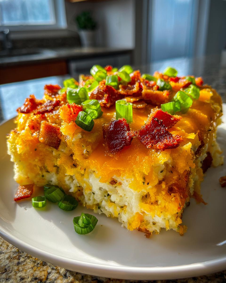 A square serving of loaded mashed potato casserole topped with melted cheddar cheese, crispy bacon bits, and fresh green onions.