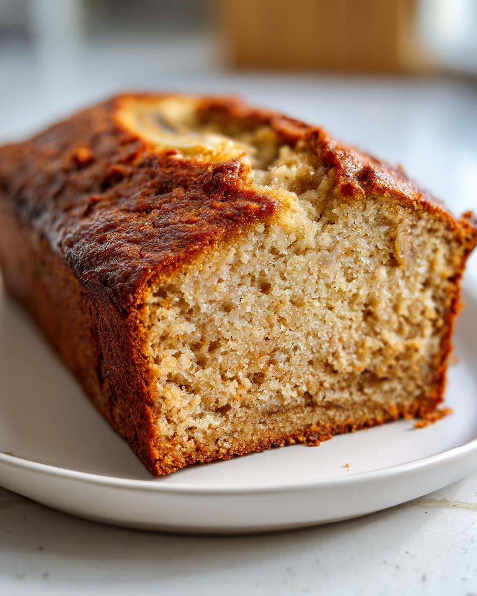 Close-up of a freshly baked loaf of moist cottage cheese banana bread, showing a golden-brown crust and soft interior.