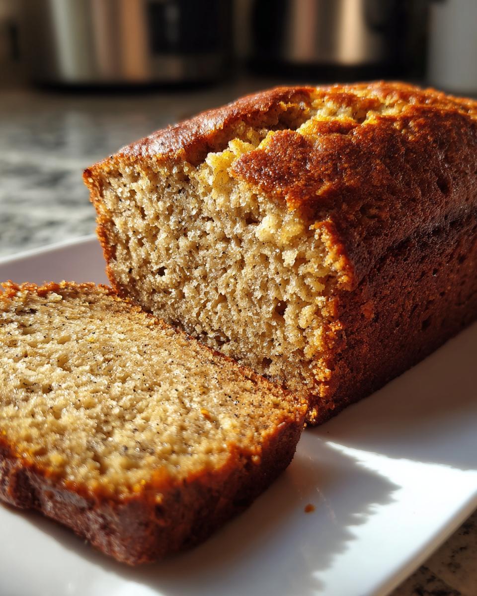 Close-up of a freshly baked cottage cheese banana bread loaf, with one slice cut and resting next to it on a white plate.