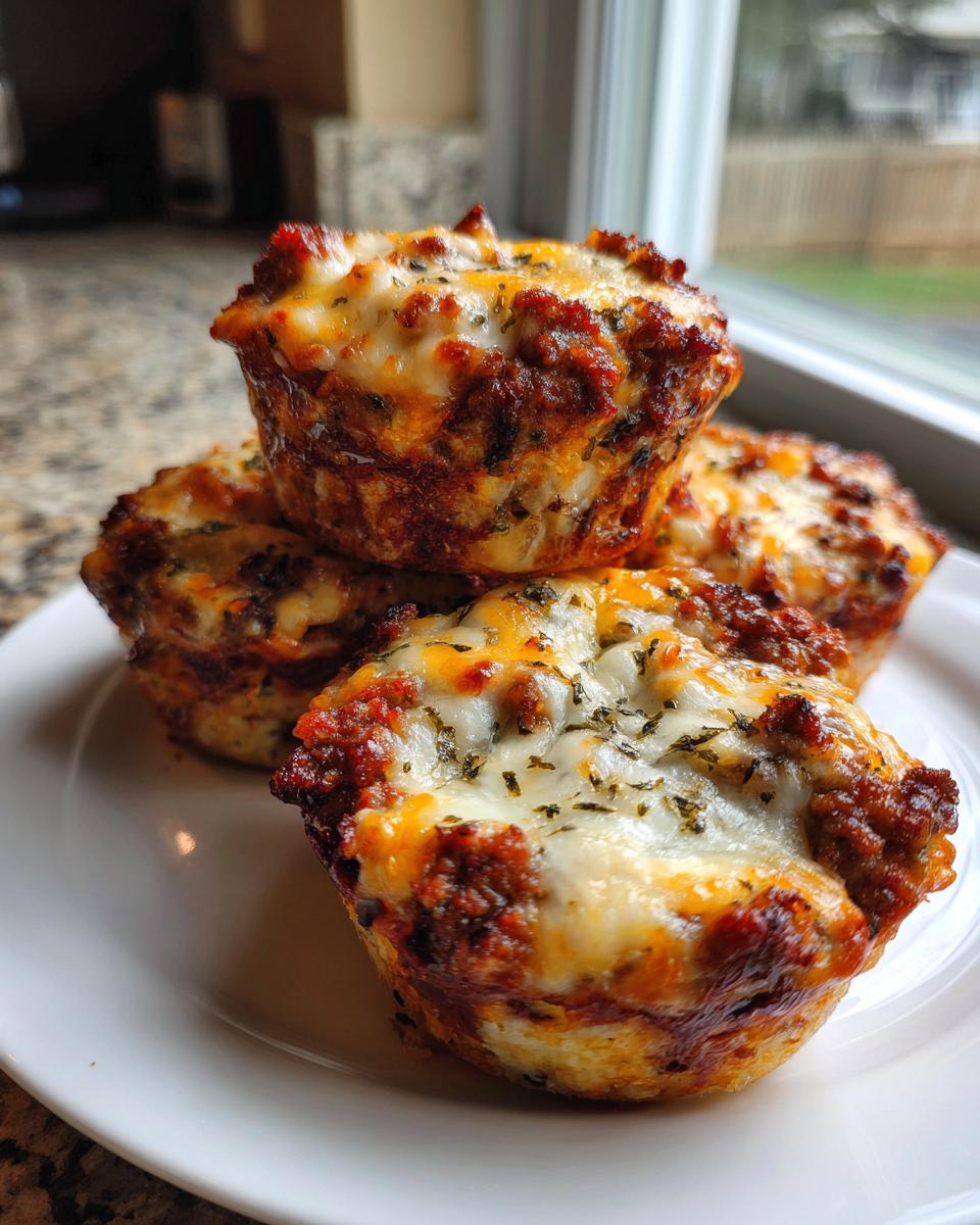 Four baked muffin-tin carnivore pizza bites stacked on a white plate, topped with melted cheese and herbs.