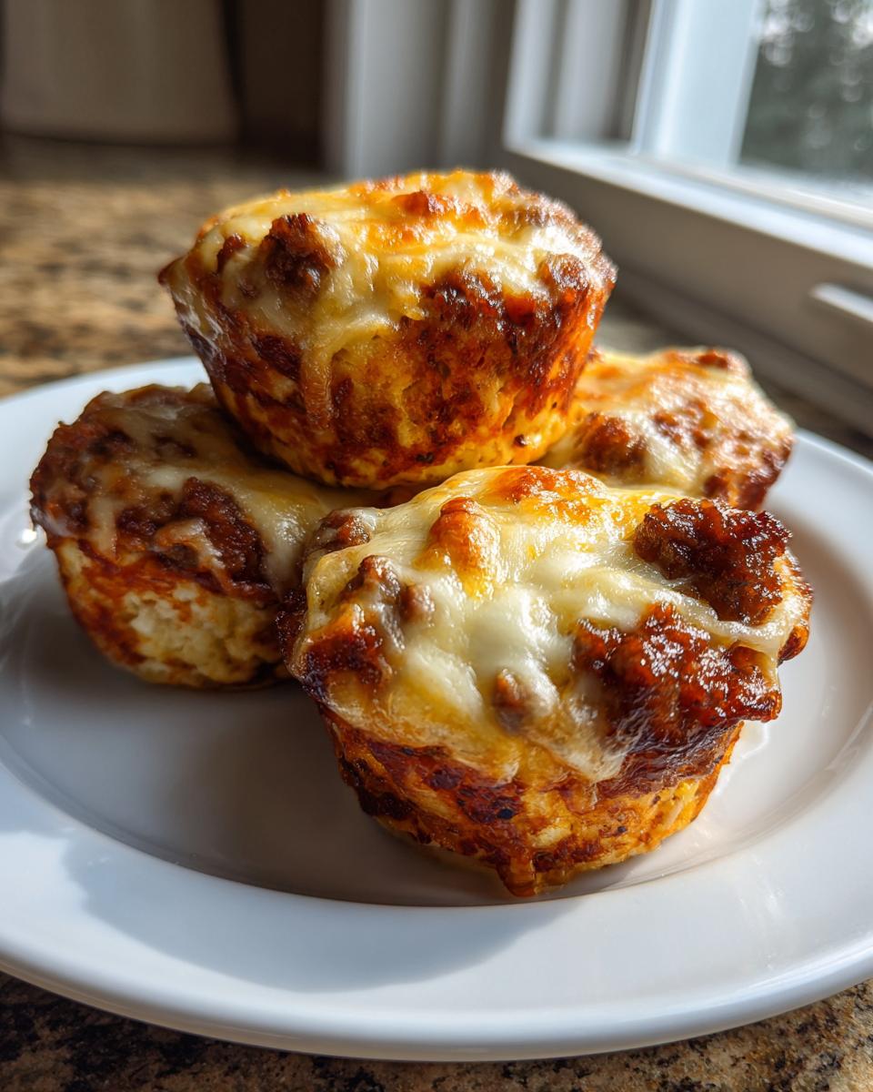 Close-up of three baked muffin-tin carnivore pizza bites topped with browned, melted mozzarella cheese.