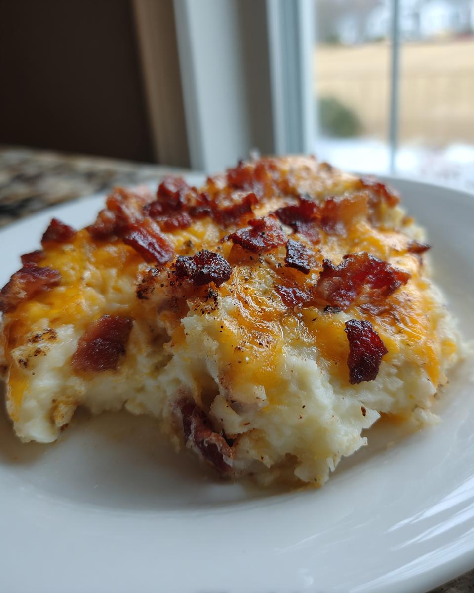A scoop of rich loaded mashed potato casserole topped with melted cheddar cheese and crispy bacon bits on a white plate.