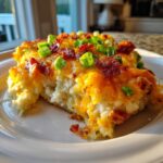 A close-up serving of baked mashed potato casserole topped with melted cheddar cheese, bacon bits, and green onions.