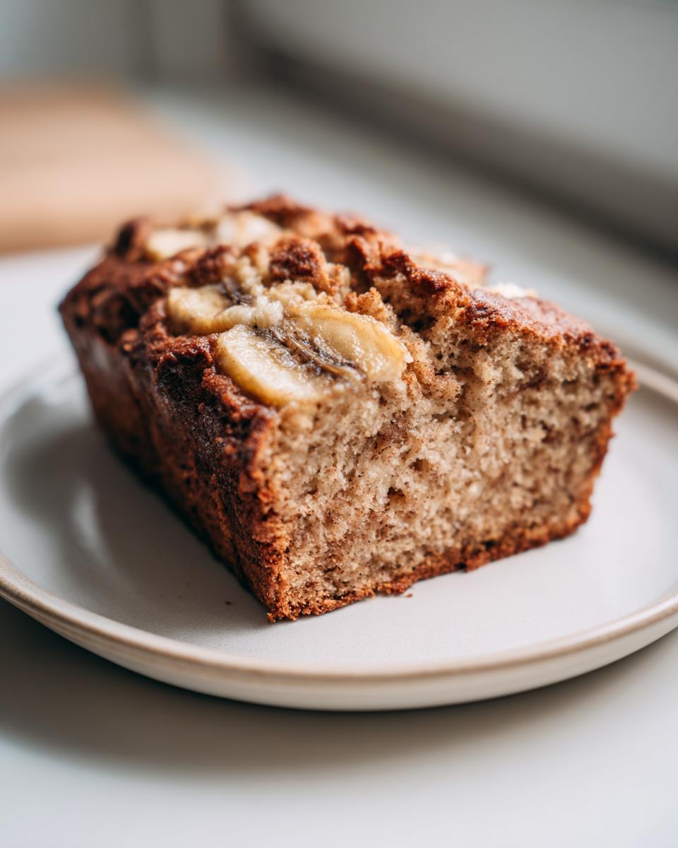 Close-up of a moist slice of cottage cheese banana bread almond flour loaf topped with caramelized banana slices.