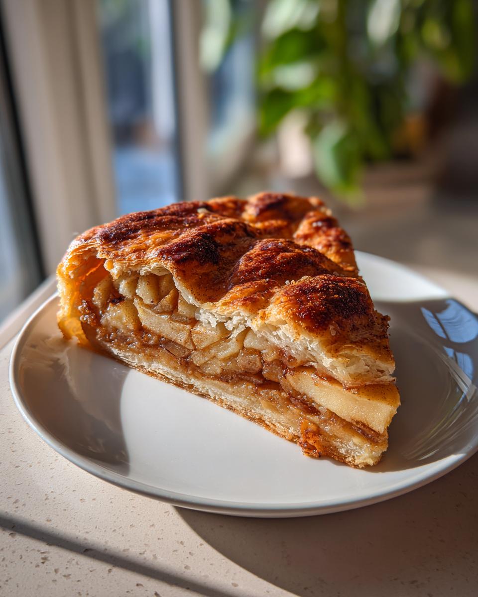 A close-up slice of a flaky, golden brown apple galette filled with spiced apple pieces, resting on a white plate.