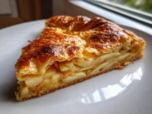 Close-up of a flaky slice of apple galette showing layers of spiced apples and a beautifully browned crust.